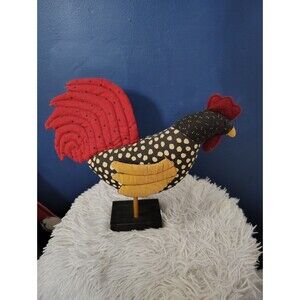 Vintage Hallmark Rooster Patchwork Fabric Figure Wooden Block Base 13"W x 10"T